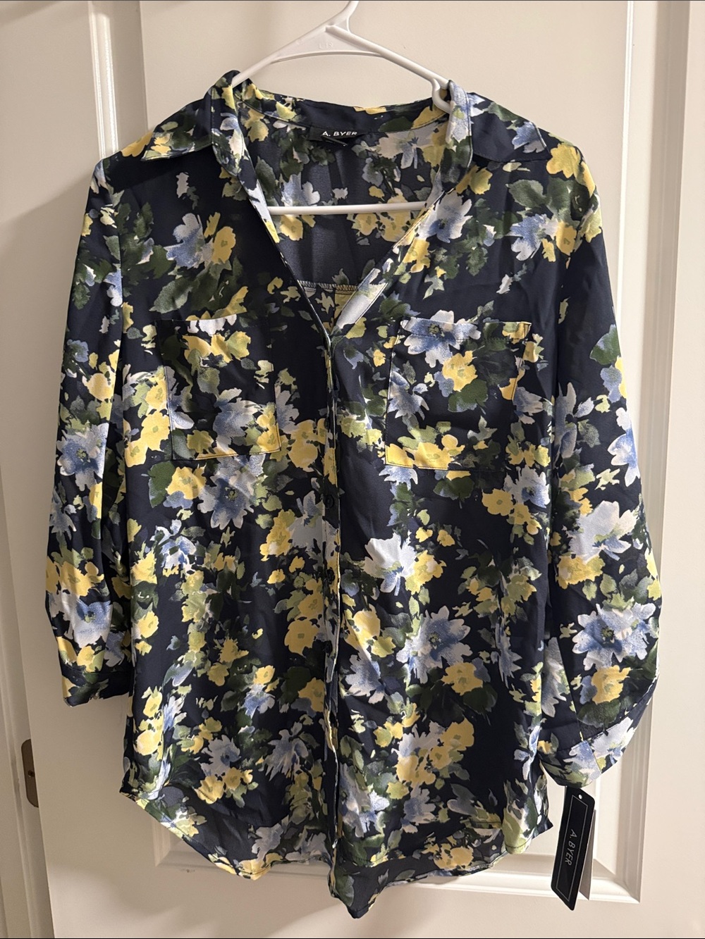 A. Byer Navy Floral Button-Down Shirt with Yellow & Blue Blooms